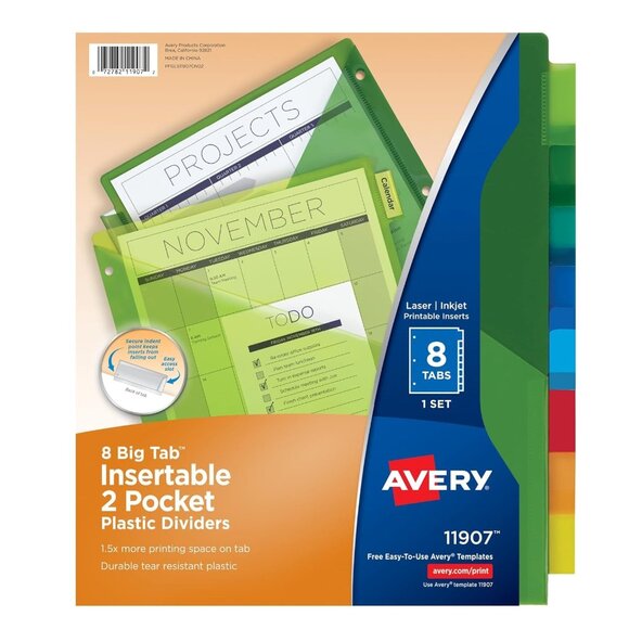 NEW Avery Dividers for 3 Ring Binders 8-Tab Sets Two-Pocket Plastic Binder 11907 - Picture 1 of 11